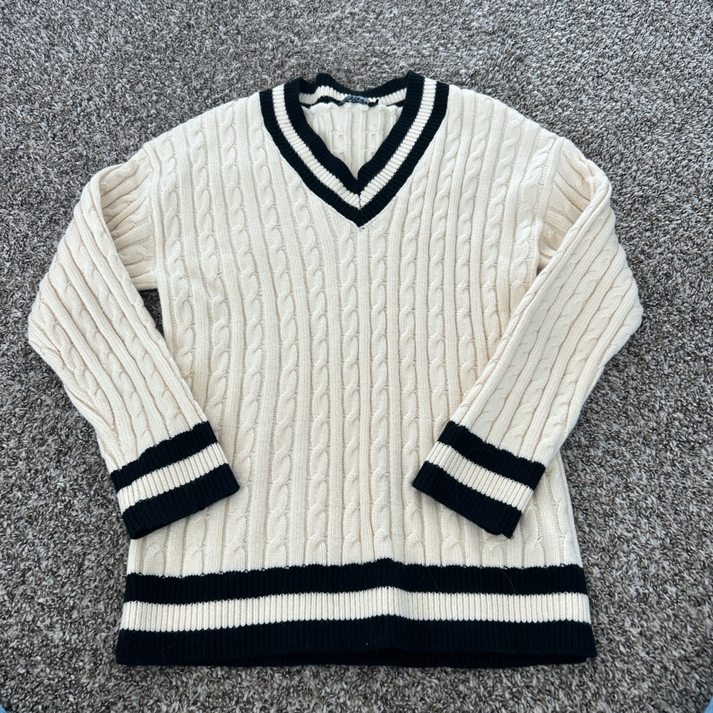 Classic Cable-Knit V-Neck Sweater - Cream with Black Trim